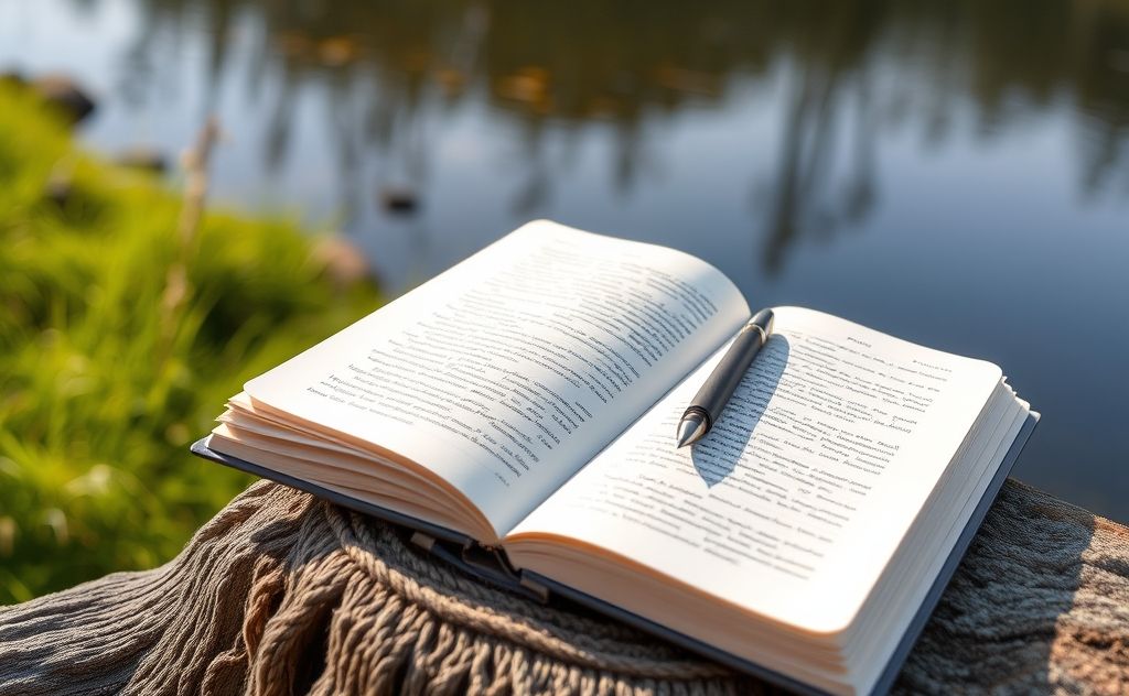 A serene setting with an open journal, a pen, and calming nature.