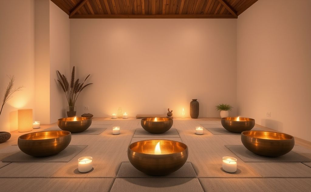 A serene setting with calming sound bowls and soft ambient lighting.