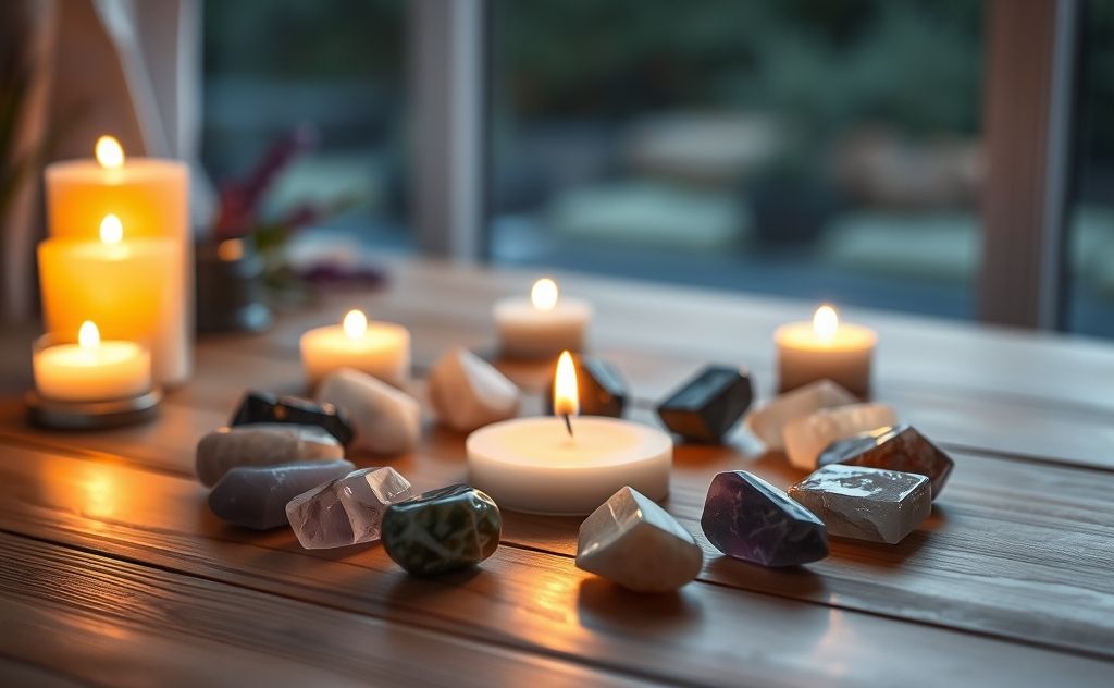 A serene setting with candles and crystals for chakra healing.