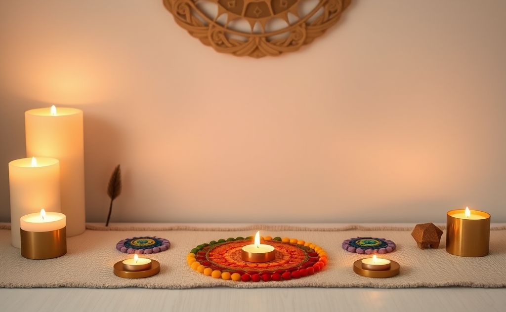 A serene setting with colorful chakra symbols and candles.