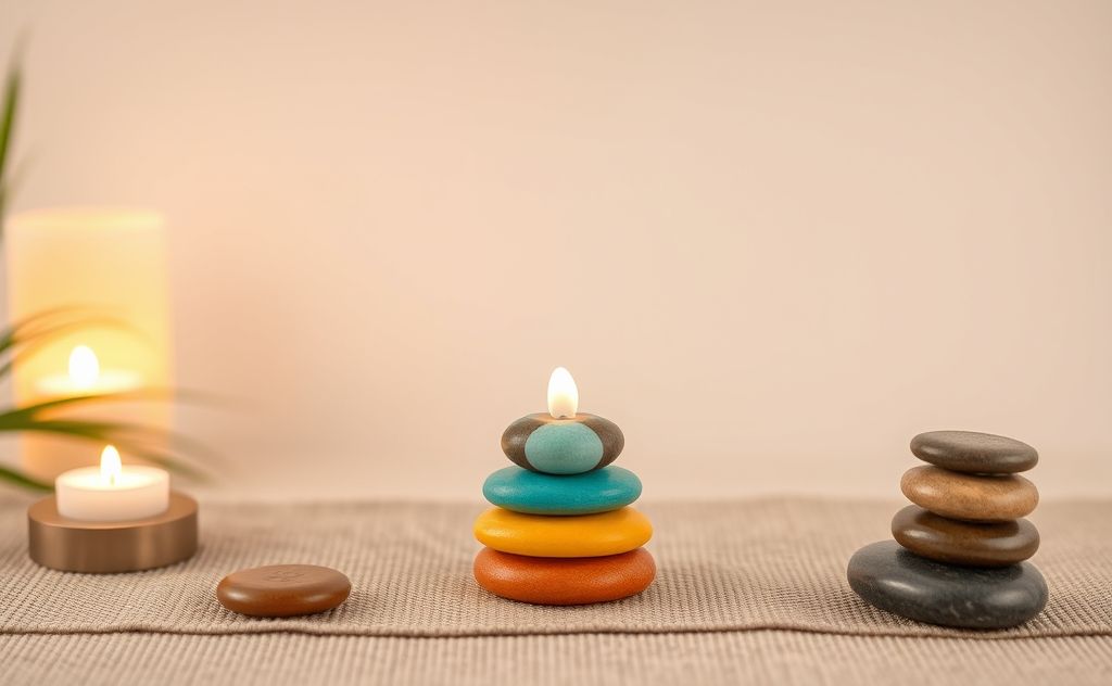 A serene setting with colorful chakra symbols and massage stones.