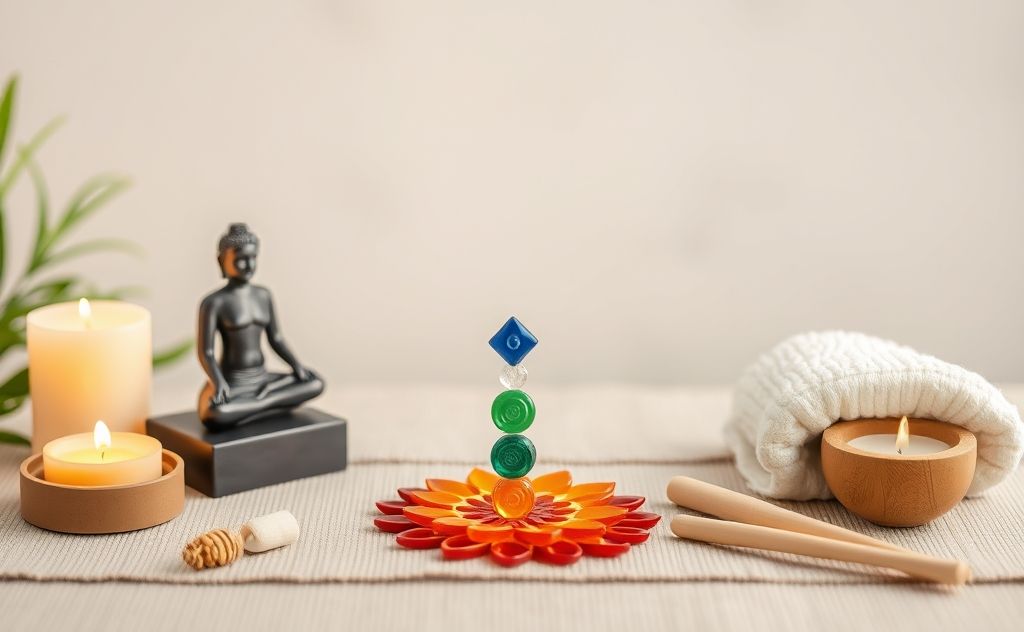 A serene setting with colorful chakra symbols and massage tools.