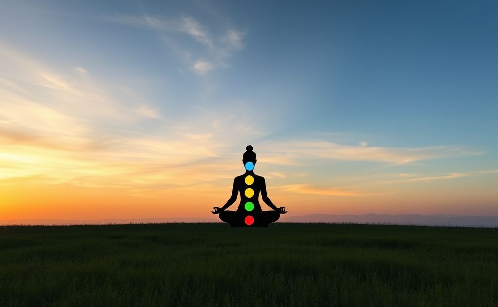 A serene setting with colorful chakras aligned along a meditative silhouette.