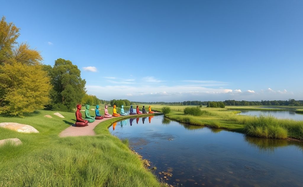 A serene setting with colorful chakras aligned along a peaceful river.