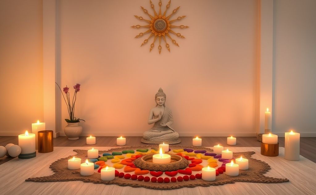 A serene setting with colorful chakras and candles for a blessing ritual.