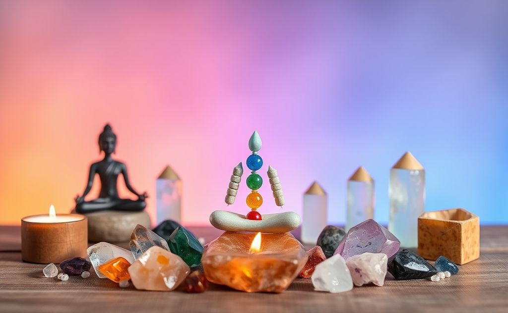A serene setting with colorful chakras and cleansing crystals.