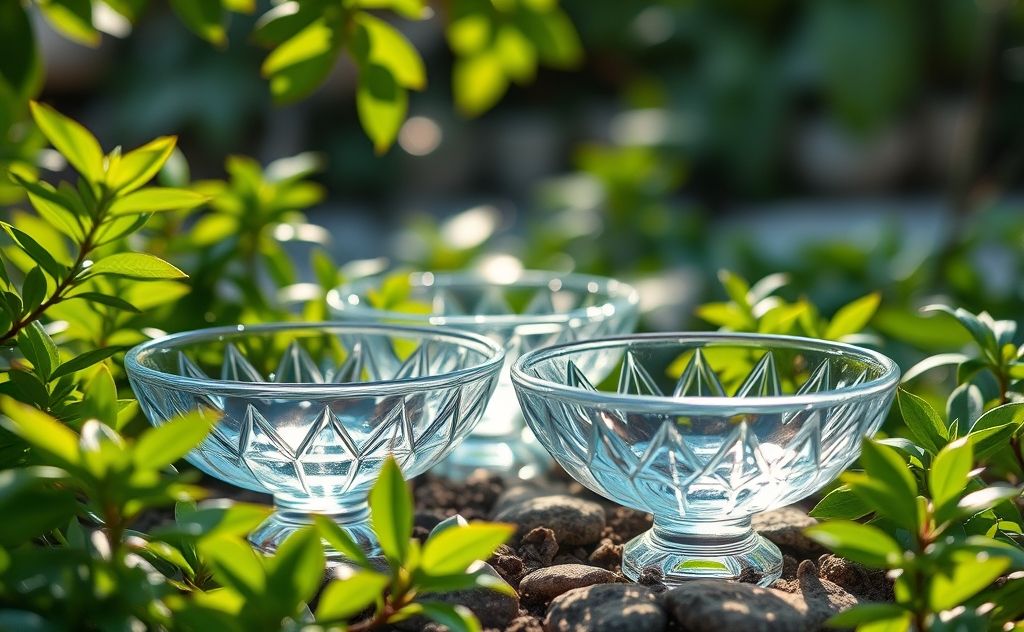 A serene setting with crystal bowls surrounded by calming nature.