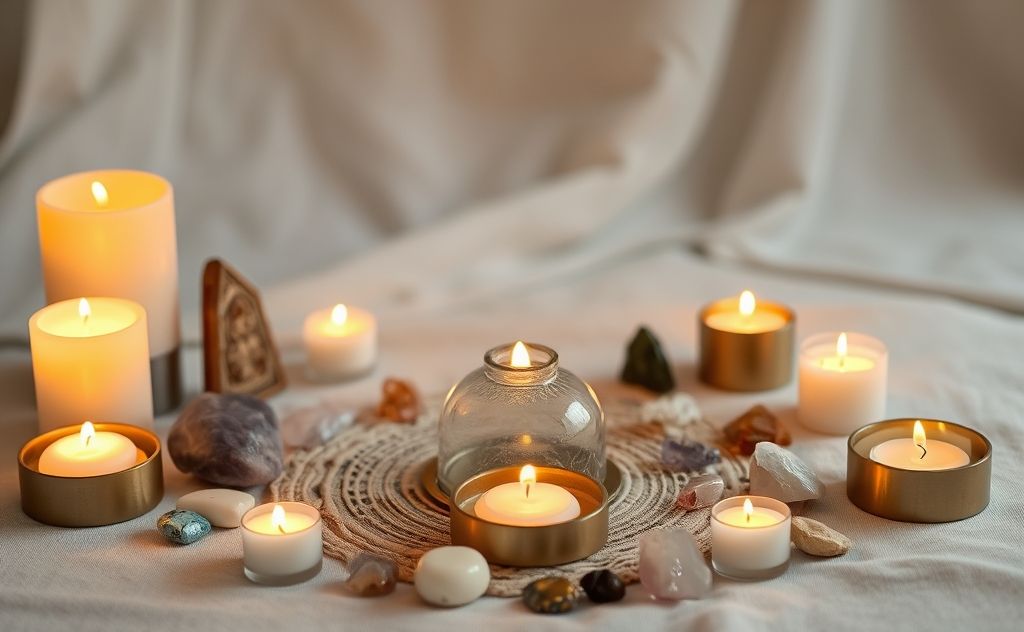 A serene setting with crystals and candles for a grounding chakra ritual