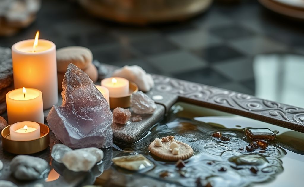 A serene setting with crystals, candles, and flowing water for cleansing.