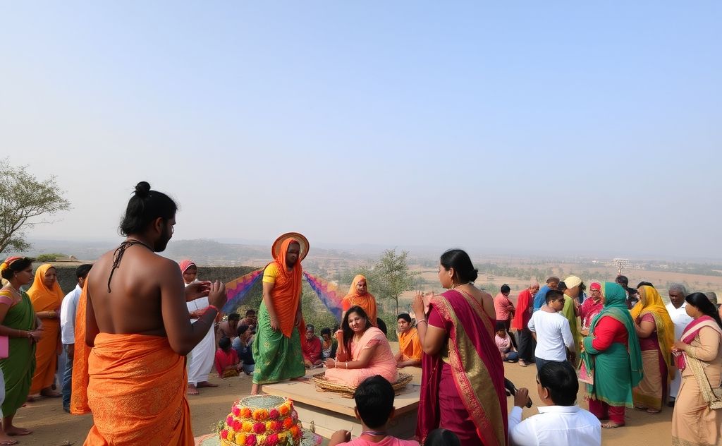 A serene setting with diverse people participating in a ritual ceremony.