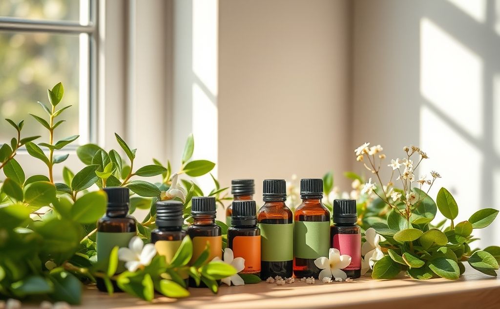 A serene setting with essential oils and calming plants for relaxation.