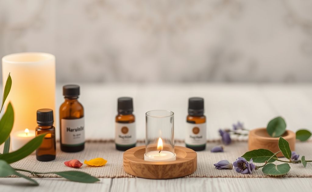 A serene setting with essential oils and chakra symbols.