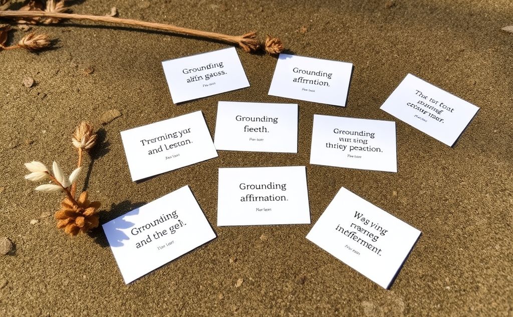 A serene setting with grounding affirmation cards scattered on a natural surface.