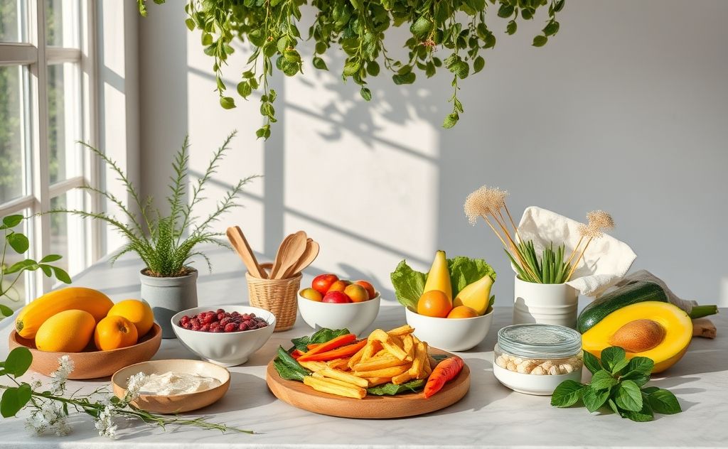 A serene setting with healthy foods and calming natural elements.