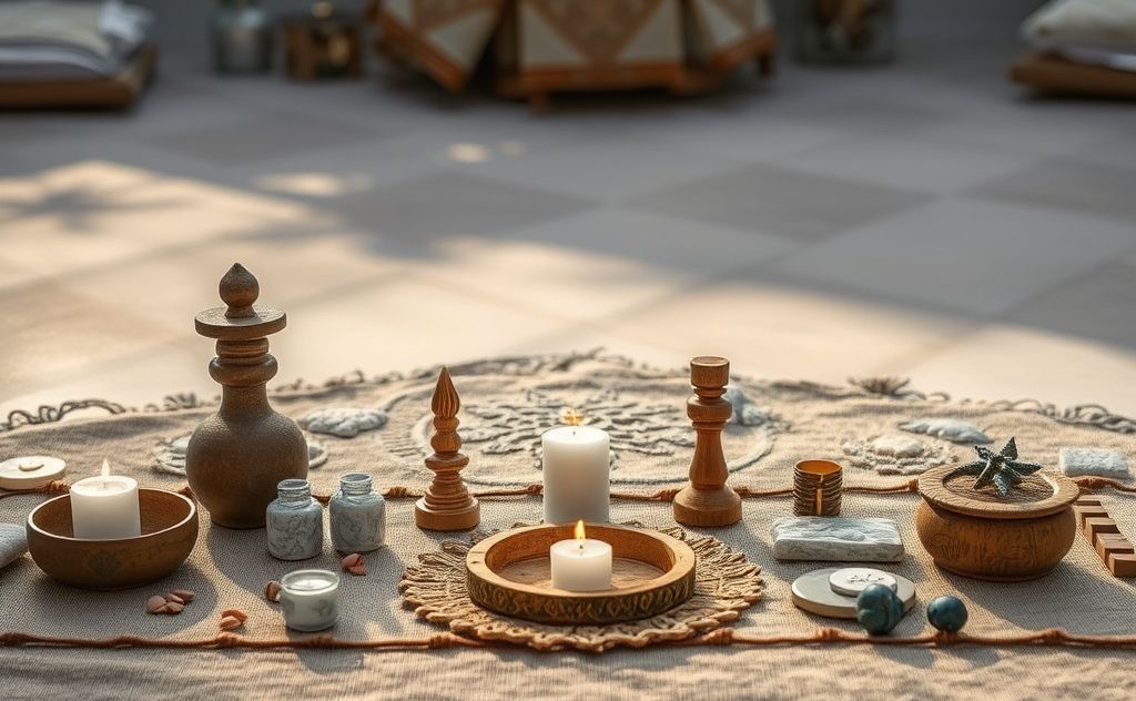 A serene setting with sacred objects for a soul retrieval ceremony