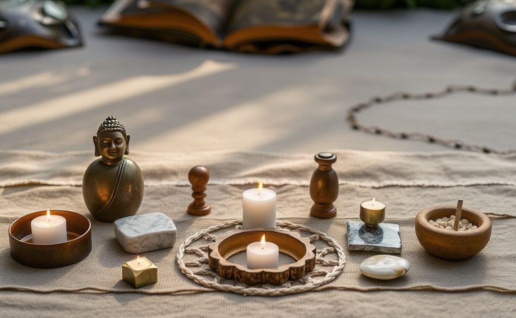 A serene setting with sacred objects for a soul retrieval ceremony.