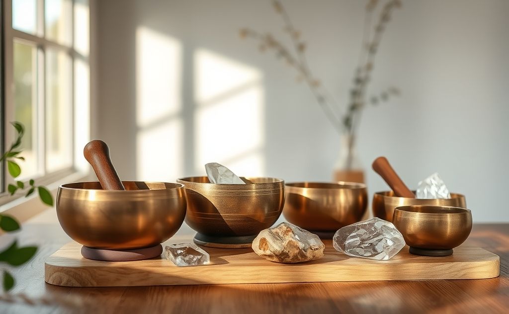 A serene setting with singing bowls and crystals for sound healing.