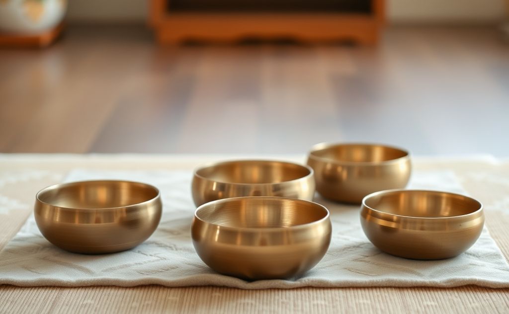 A serene setting with singing bowls arranged on a soft mat.