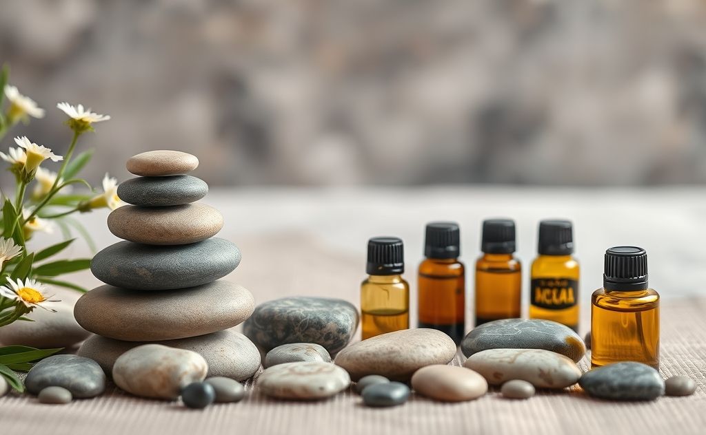 A serene setting with stones and essential oils for chakra massage.
