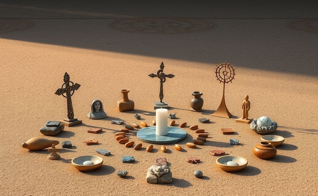 A serene setting with various sacred symbols arranged in a circle.
