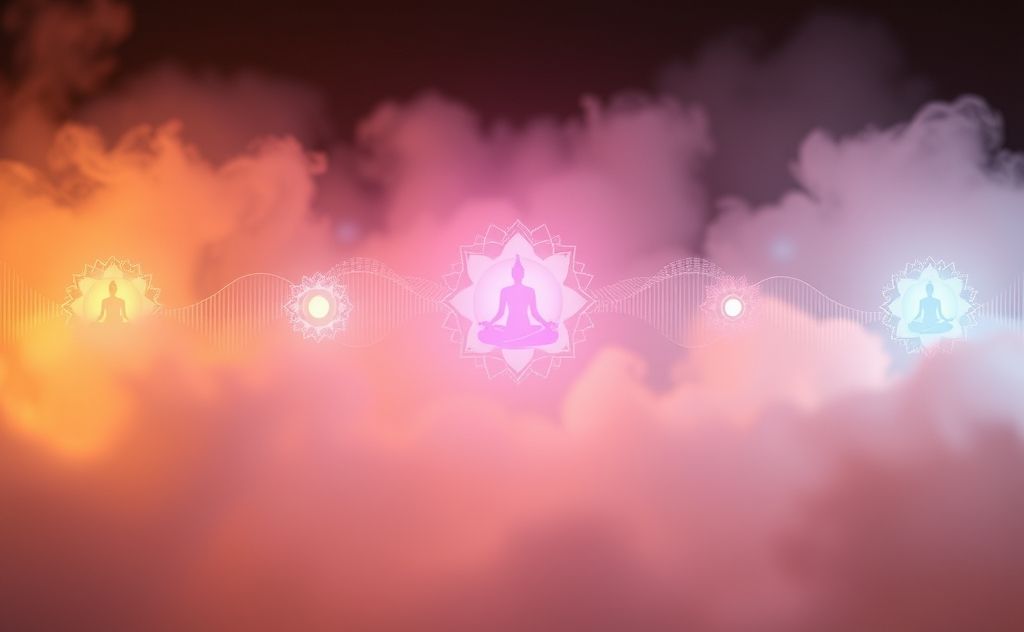 A serene setting with vibrant chakra symbols and soothing sound waves.
