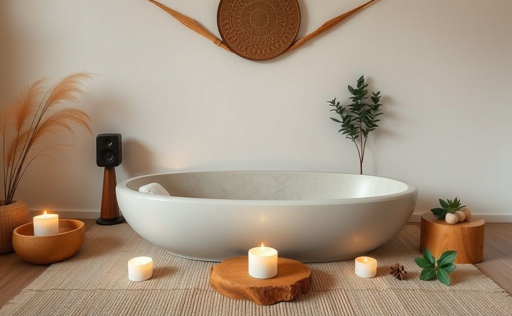 A serene sound bath setup with calming natural elements.