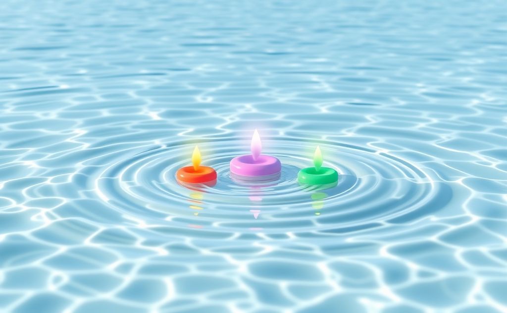 A serene sound bath with colorful chakra symbols and soothing waves.