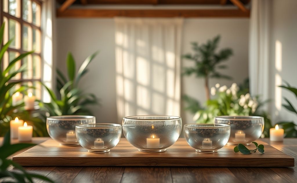 A serene sound bath with crystal singing bowls in a tranquil setting.