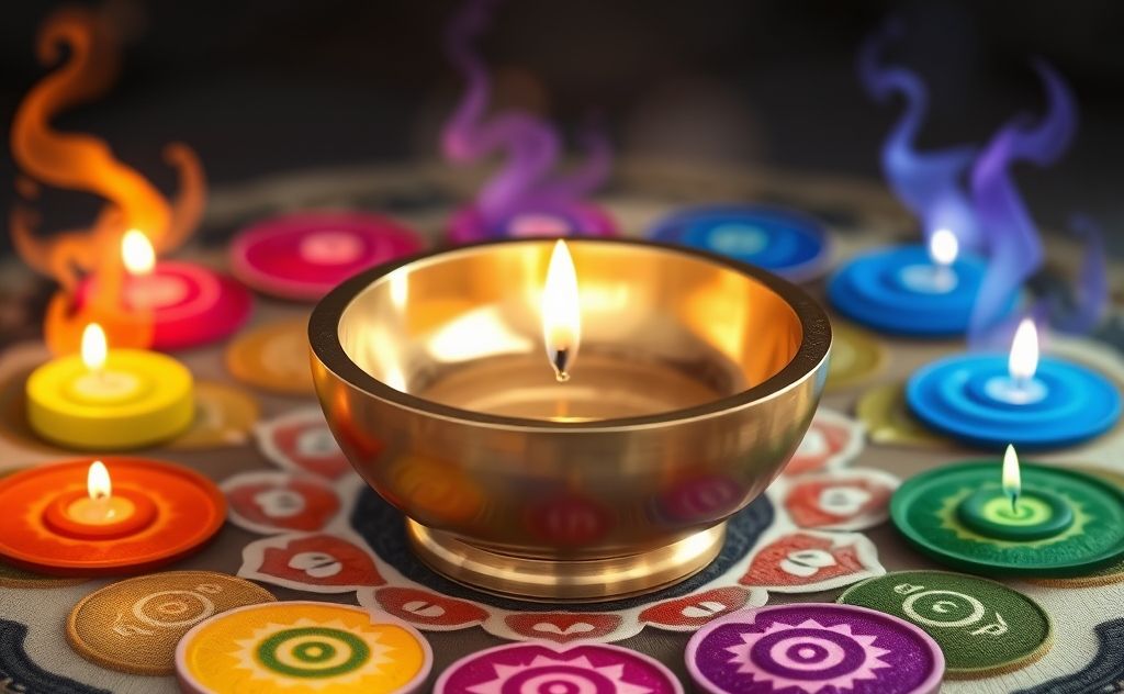 A serene sound bowl surrounded by colorful chakra symbols.