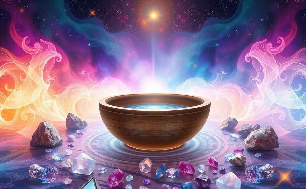 A serene sound bowl surrounded by vibrant energy waves and crystals.