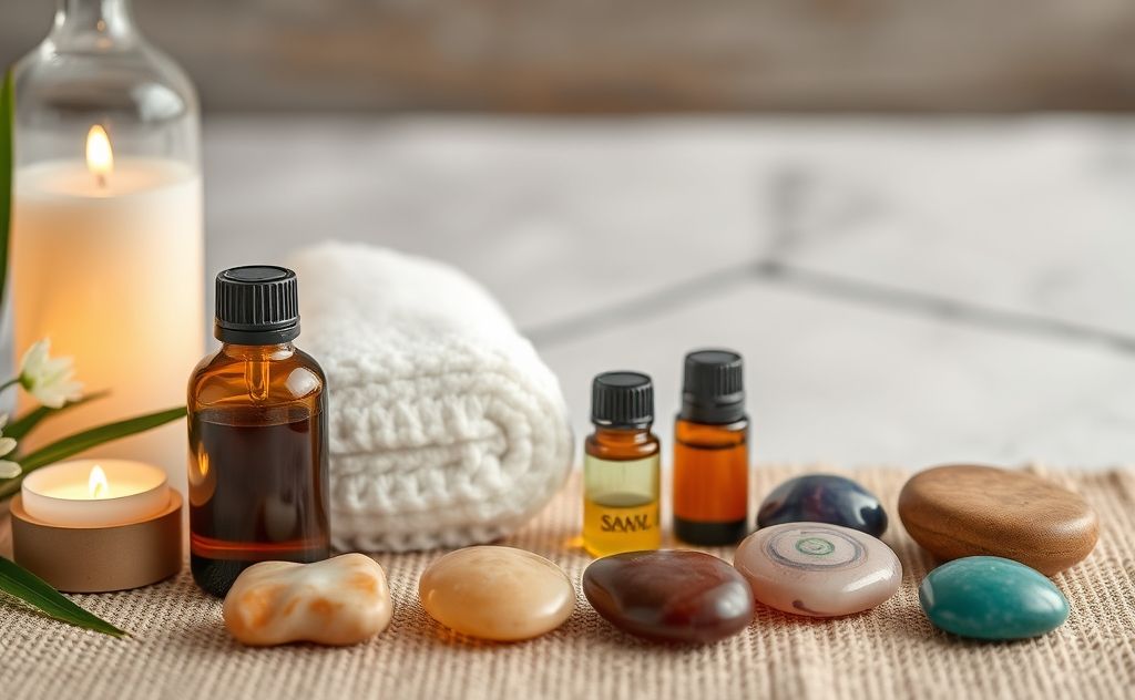 A serene spa setting with essential oils and chakra stones.