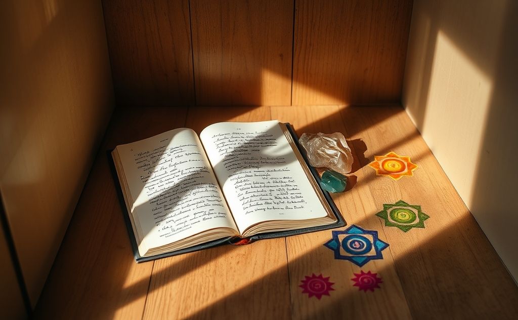 A serene space with a journal, crystals, and chakra symbols.
