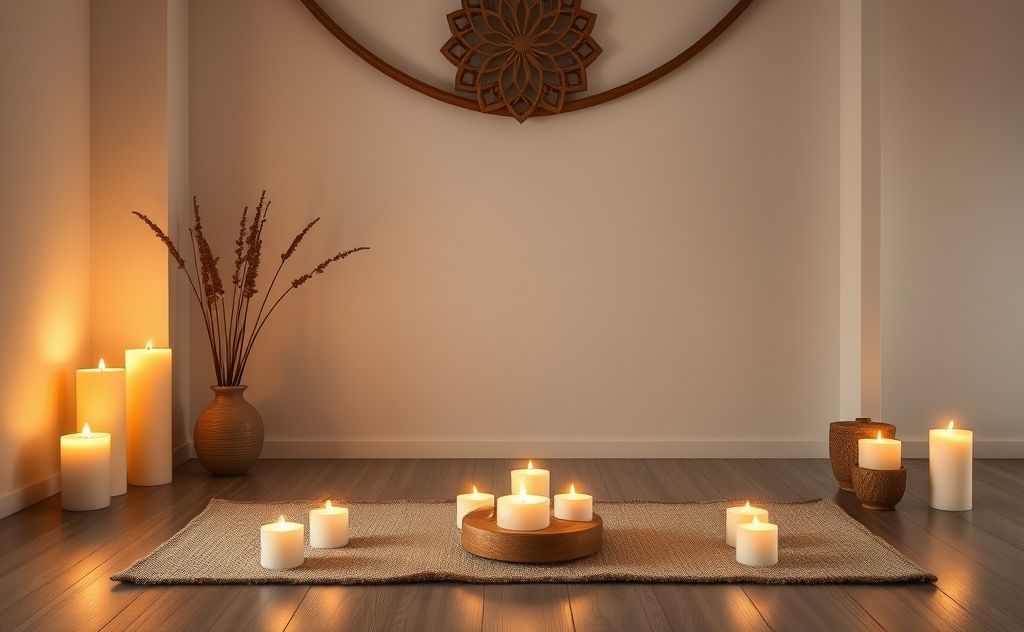 A serene space with candles and incense for chakra meditation.