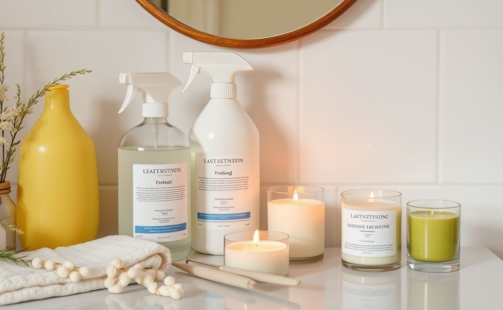 A serene space with cleaning supplies and calming candles.