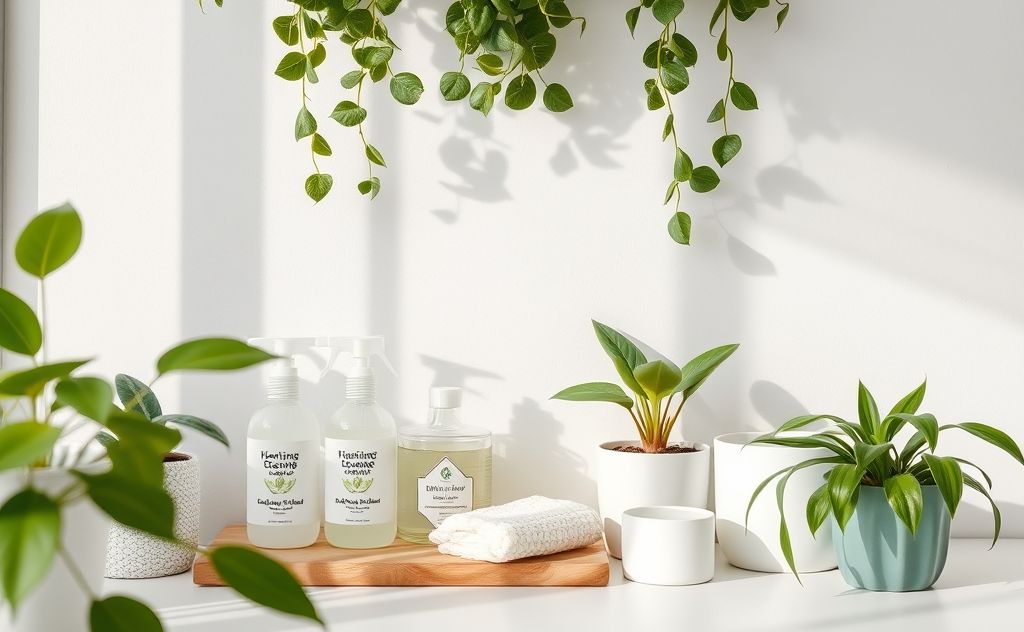 A serene space with cleaning supplies and calming plants.