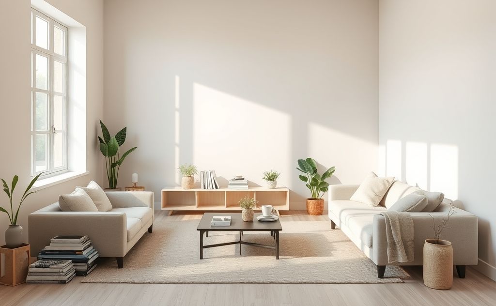 A serene space with minimal decor and organized items promoting calmness.