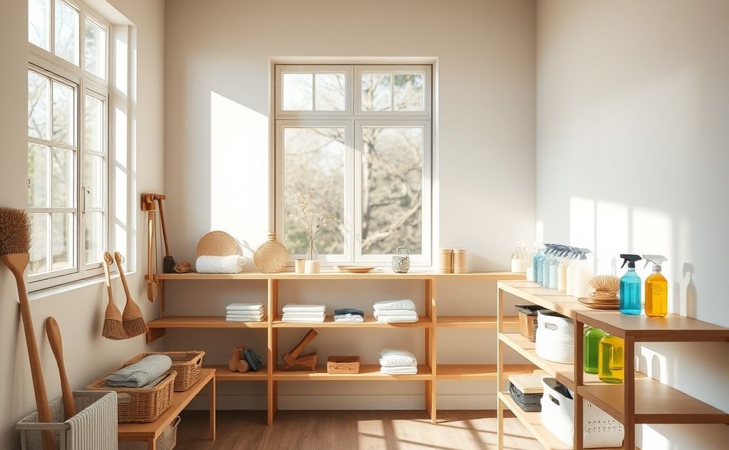 A serene space with natural light and cleaning tools arranged neatly.