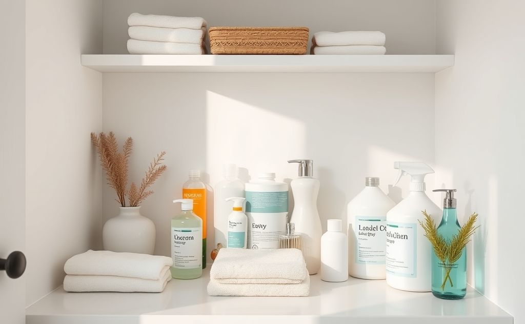 A serene space with neatly organized cleaning supplies and soft lighting.