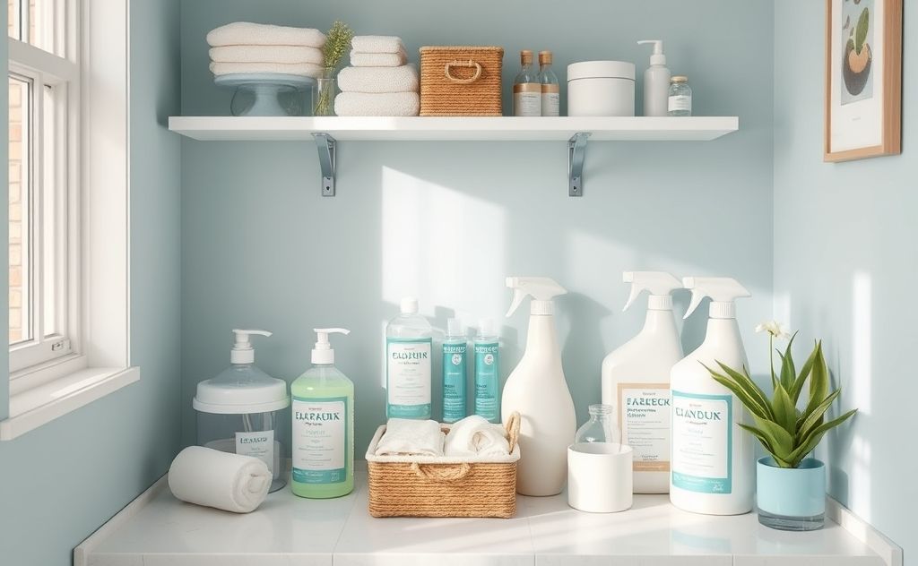 A serene space with organized cleaning supplies and calming colors.