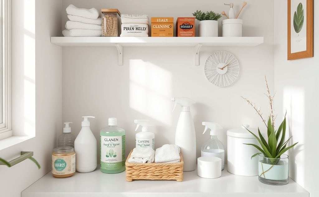 A serene space with organized cleaning supplies and calming decor.