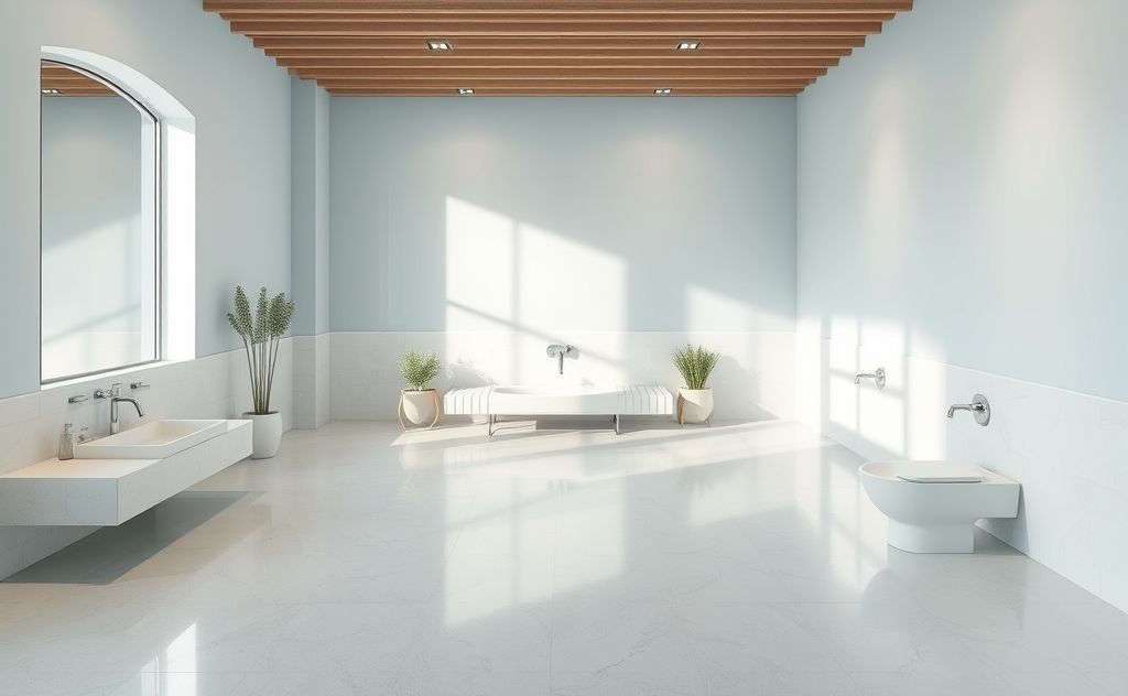 A serene space with sparkling clean surfaces and calming colors.