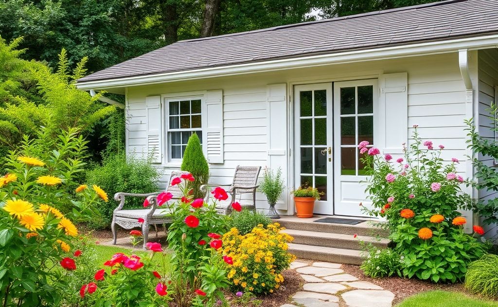 A serene summer home surrounded by lush greenery and bright flowers.