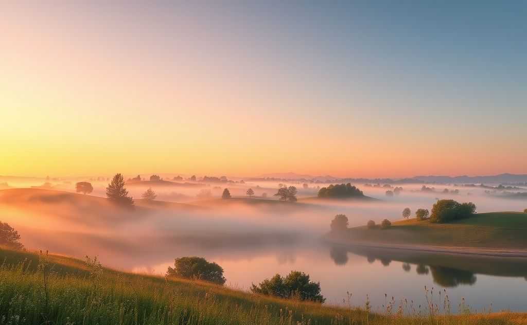 A serene sunrise over a peaceful landscape with calming elements.