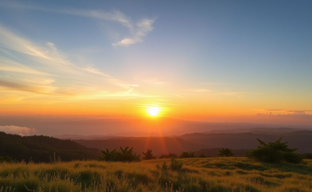 A serene sunrise over a tranquil landscape with chakra symbols.