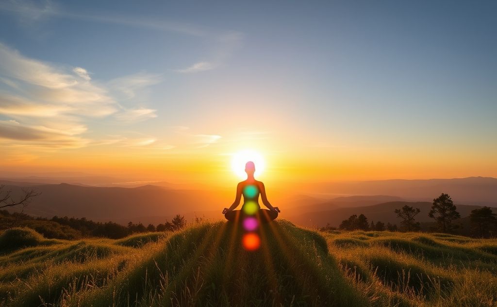 A serene sunrise with vibrant chakras radiating energy in nature.