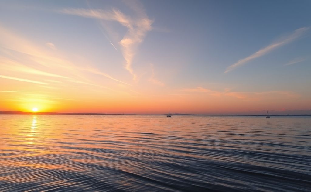 A serene sunset over a calm landscape with gentle waves.