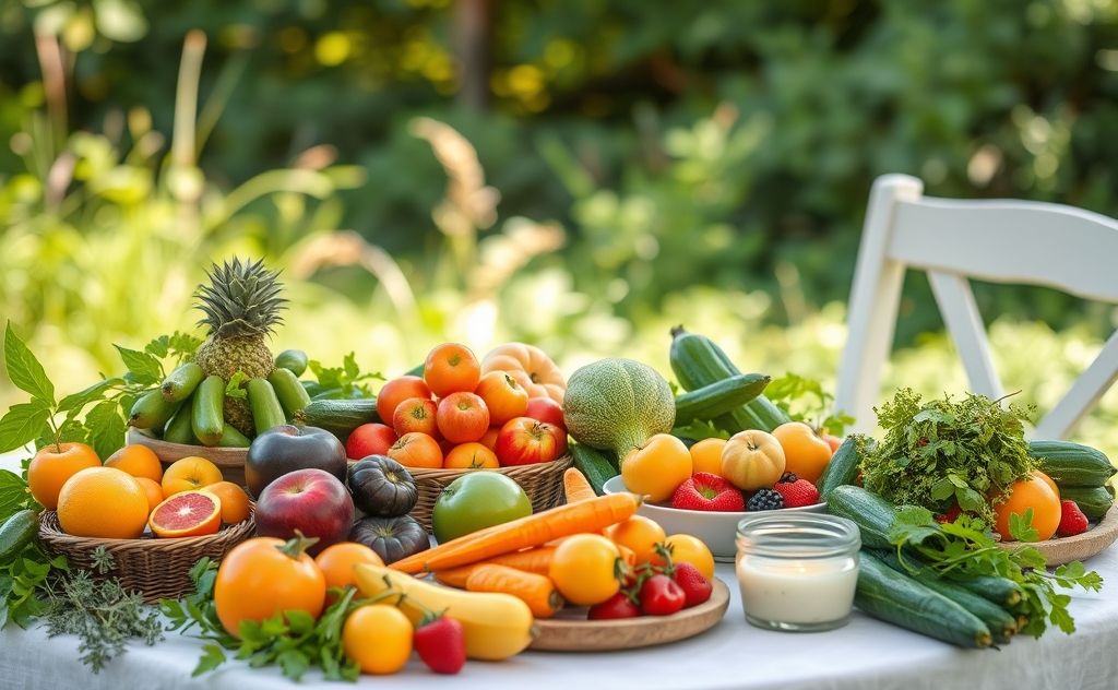 A serene table set in nature with fresh, colorful fruits and vegetables.