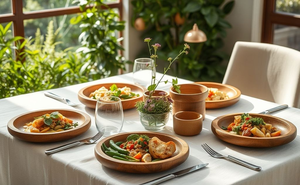 A serene table setting with balanced food portions and natural elements.