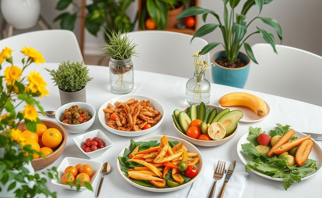A serene table setting with colorful, healthy foods and plants.