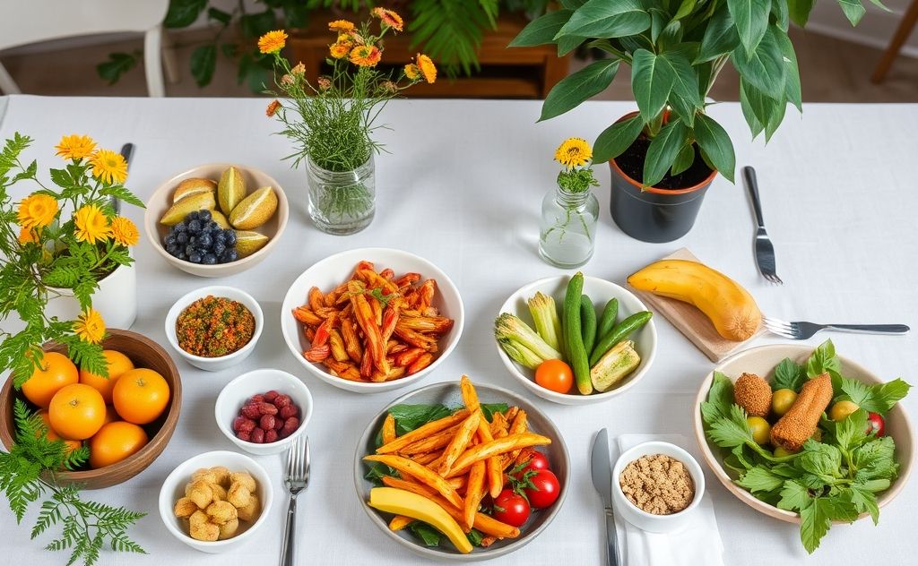 A serene table setting with colorful, nourishing foods and plants.
